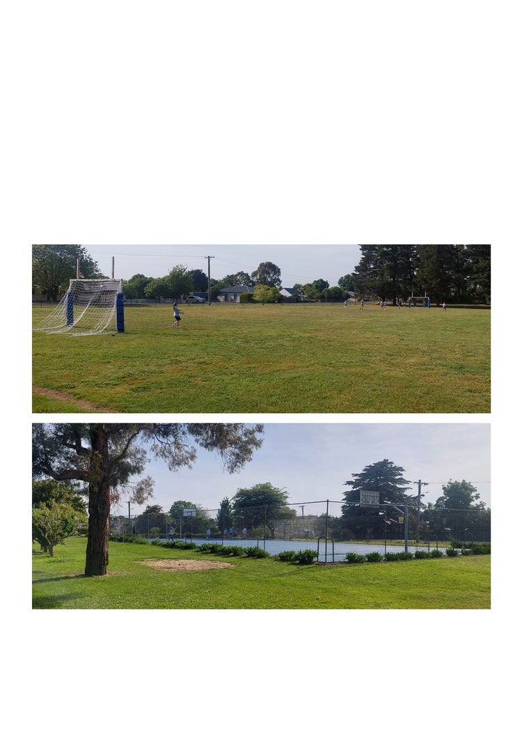 Two images of the sporting grounds around Spring Hill Public School The first is of the soccer field at the back of the playground with students playing a game of soccer. There is one student standing in front of the nets waiting for the ball. The second image is of the school's wonderful basketball court.