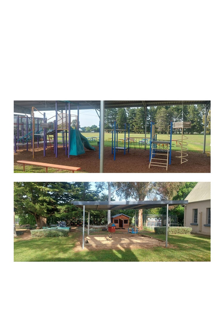 Our playground area. The first image shows the climbing playground equipment under the undercover shelter area. This includes a slide, climbing frames and bridge. The second image shows the sandpit with a cover over this for sun protection, a cubby house in the background and the sensory garden in the distance behind that.