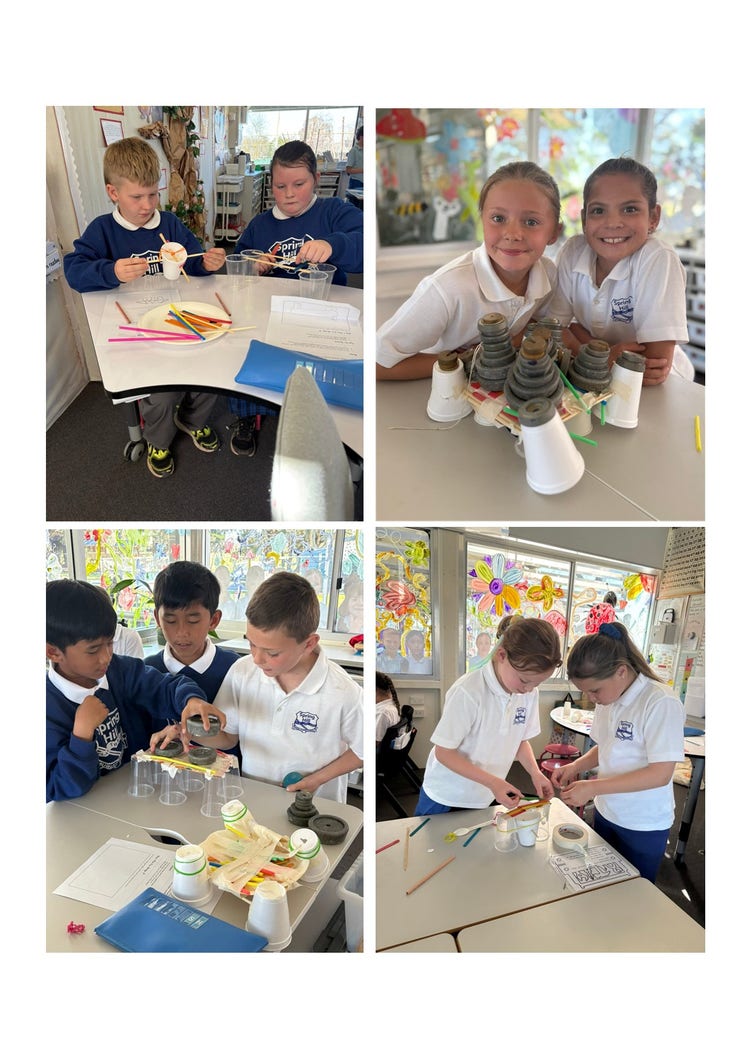 A collage of four photos showing children doing hands on learning. In the first photo, there are two boys putting plastic straws into foam cups building with them. The second photo is of two girls testing the strength of foam cups with metal weights piled on top of them. The third photo is of three boys with plastic cups with metal weights sitting on top, like a tower. The last photo is of two girls with foam cups and straws with masking tape. They were participating in an engineering building challenge.