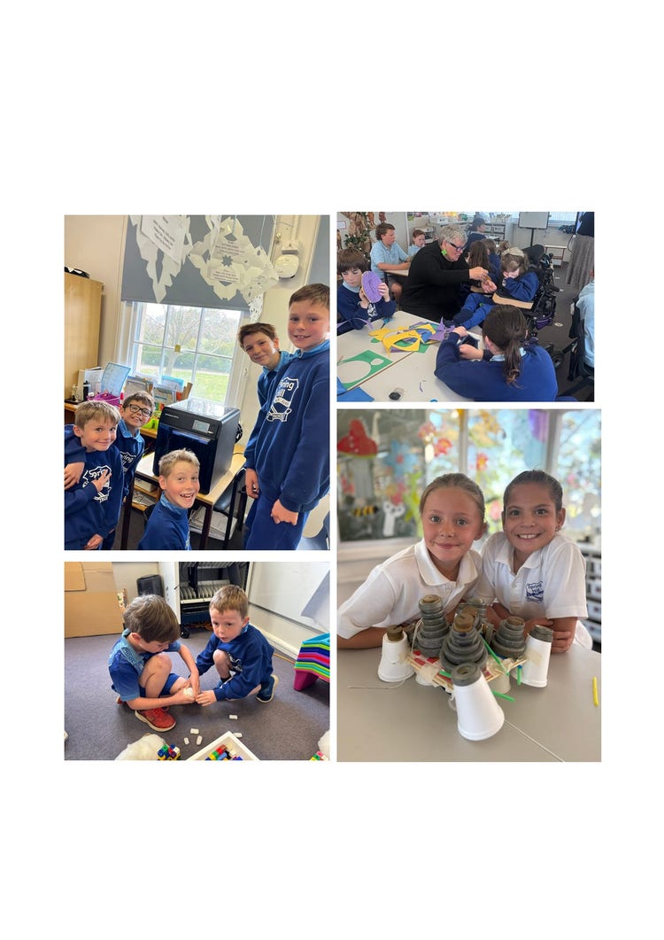 A collage of students during classroom lessons at Spring Hill Public School. In the first image, students are using a 3D printer, the second image, one of our students is being assisted during learning by a teacher. The next image is of 2 boys playing with lego on the floor of the classroom and the last image is two young girls with foam cups and weights in front of them building a tower testing the strength of the cups with the weights.