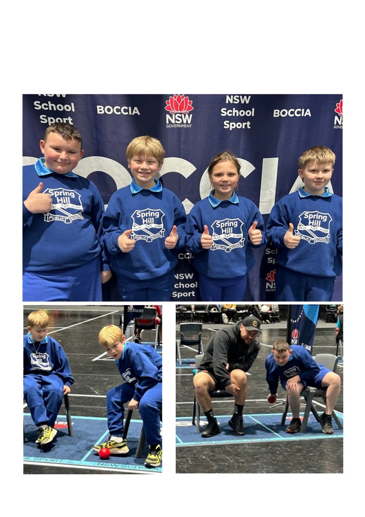 A collage of three photos of the children participating in Boccia in Sydney. The first photo is of the team of four students smiling at the camera with their thumbs up. They are standing in front of the banner stating