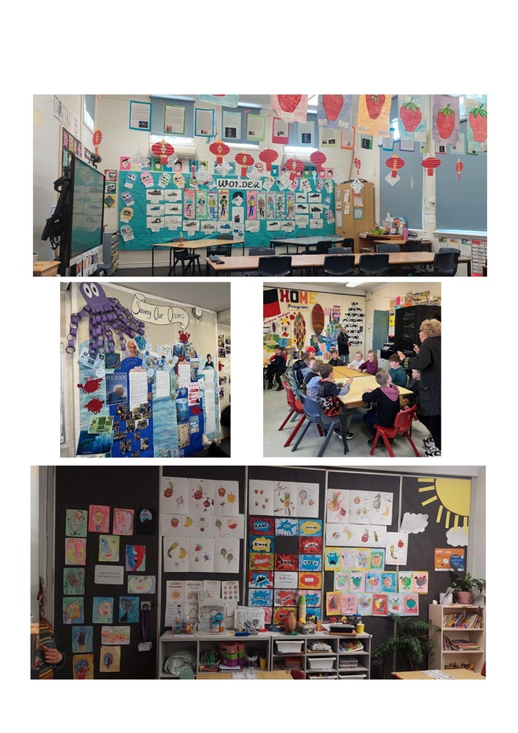 A collage of photos of our classrooms. The photos show students artworks in each of the classrooms displayed around the rooms and the last image is of a teacher teaching students sitting around a desk.