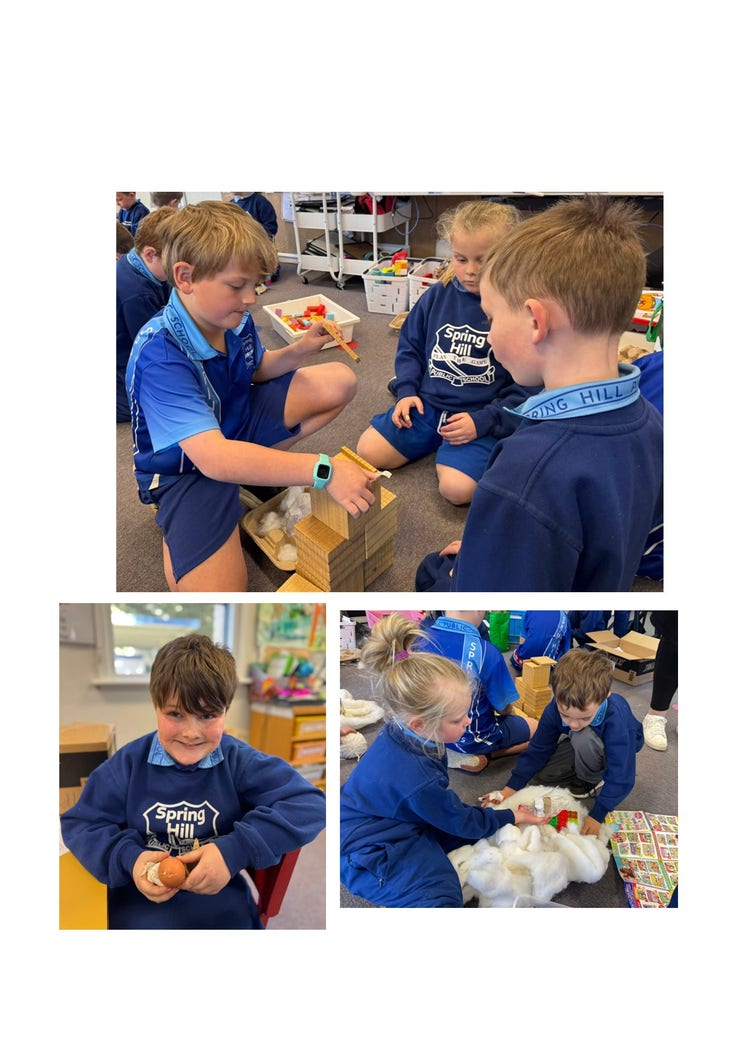 A collage of three photos of the K-2 students. They are participating in STEM activities in the classroom. The first photo is of three students sitting on the floor building with cardboard boxes, cotton wool etc. The second photo is of a male student holding an egg smiling at the camera. The third photo is of two students with a big pile of white cotton and building material on the floor creating.