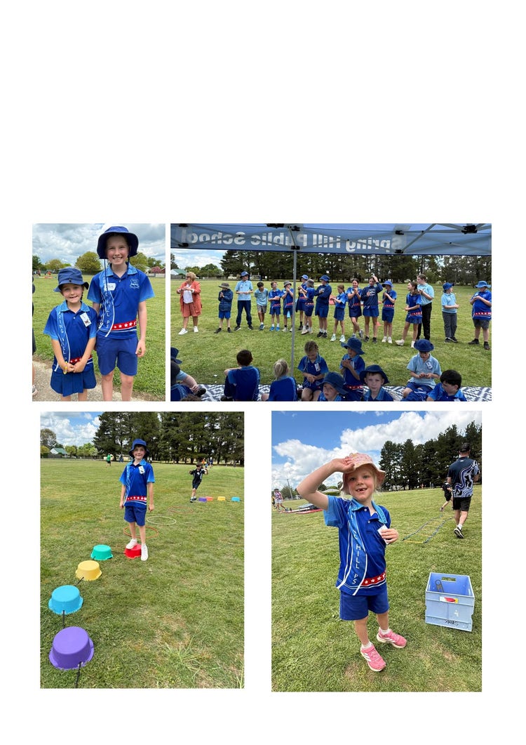 There are four photos of students playing outdoors. The first one is 2 female students standing together smiling at the camera. The second image is of Mrs Mac and a row of students addressing the cohort. They are standing in a line and in front of them, there are students sitting on a picnic mat under a blue school gazebo with Spring Hill Public School written on it. The third image is of a student getting ready to walk across plastic stepping stones. The fourth image is of a young female student getting ready to do a sport activity. She has a pink hat on and is smiling at the camera with a hand on her head.