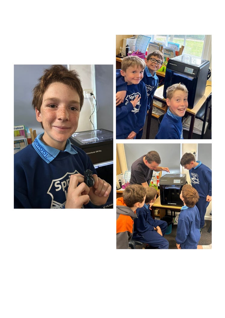 A collage of three photos from the 5-6 classroom using the 3D printers. The first photo is of a male student smiling at the camera holding an object he printed on the 3D printer. The second image is three students smiling at the camera standing around the 3D printer and the third photo is of 4 students and a parent volunteer standing looking at something printing in the 3D printer.