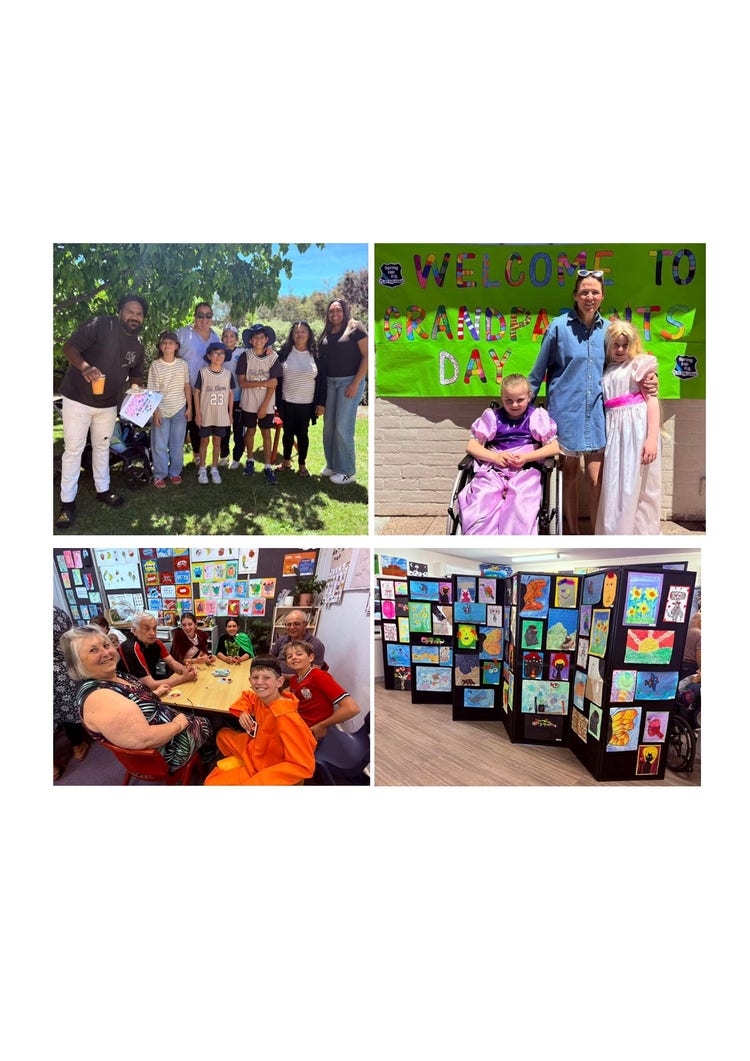 A collage of photos showcasing our grandparents day, art show and book week. The first photo is of a family of 8 standing together. The second image is of another family showing a mum and her 2 children. The children are dressed up for book week and one of them is in a wheelchair. The third image is of another family, with a mix of grandparents, parents and children, sitting around a table in the classroom. The last image is of art display boards displaying many different artworks completed by the children. It is in the art room at the school. The boards are over 6 foot tall and are bifold. There is about 100 pieces of artwork on display in the photo.