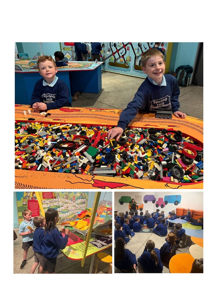 A collage of three photos of the children on their excursion to the Gruffulo and Museum in Orange. The first photo is of two students smiling at the camera whilst they are sitting at a lego table building. The second image is of three students flying paper aeroplanes into a net. The third photo is of the class of students sitting on the floor in the museum having a lesson by one of their teachers.