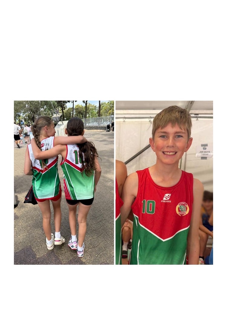 Two photos of students wearing their Western singlets. The first image is a rear image of two female students walking away from the camera with their arms around each other. The second image is of a senior male student smiling at the camera.