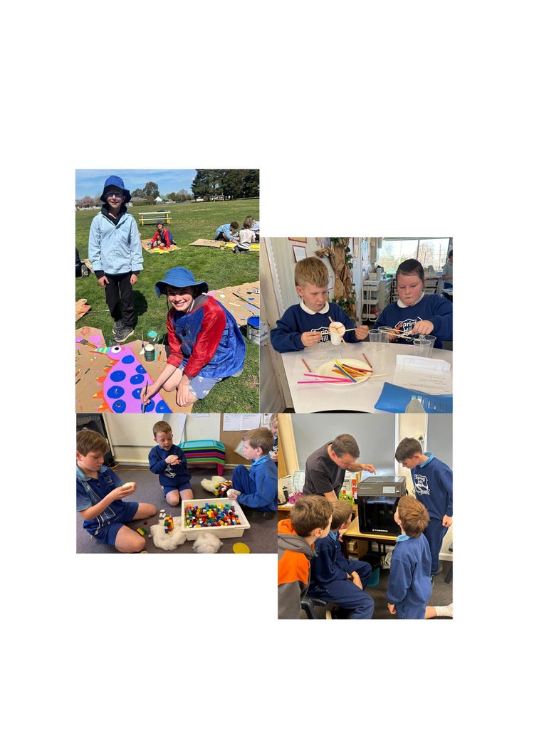 A collage of four students showcasing our HPGE programs at Spring Hill Public School. The first one is a picture of two students outside on the grass painting a dinosaur all different colours. The second is of two students building using straws and cups. The third is of three students sitting on a classroom floor building with lego and craft supplies. The last image is of students and a parent volunteer using the 3D printer.