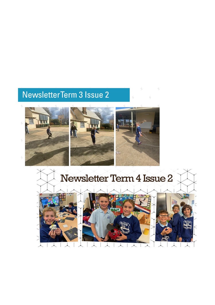 A screenshot of two of our front pages of the newsletter. One is showing a title Newsletter Term 3 Issue 2 and is three photos of children skipping. The other is of Newsletter Term 4 Issue 2 and is students learning in class.